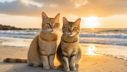 Dois gatos sentados na praia em um lindo pôr do sol