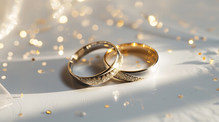Wedding bands featured on a white surface with floral decorations