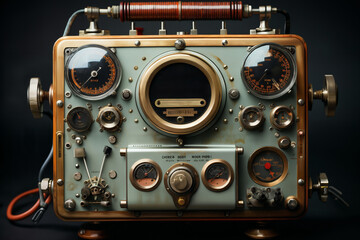 retro hybrid of a mechanical and analog device for industrial and scientific research and measurements, close-up of the object, the concept of tube electronics in the style of steampunk - obrazy, fototapety, plakaty