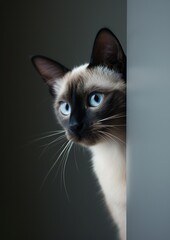 a siamese cat squats in the corner and peeks out in 
