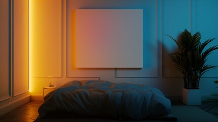 A serene bedroom with a zen-like atmosphere, featuring an empty canvas frame on a wall with a soothing color, lit by the gentle glow of hidden LED strips.