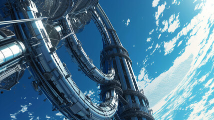A stunning 3D rendered image of a surreal space elevator reaching towards the infinite cosmos, showcasing the limitless possibilities of futuristic transportation. - obrazy, fototapety, plakaty