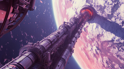 Futuristic 3D rendering of a mind-bending surreal space elevator reaching towards the infinite...