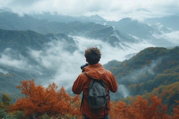 Travel photogrrapher on a top of a mountain and  enjoying the view