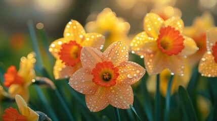 A close-up of dew-kissed daffodils, illuminated by the warm