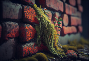 Close-up of a brick wall with moss - obrazy, fototapety, plakaty