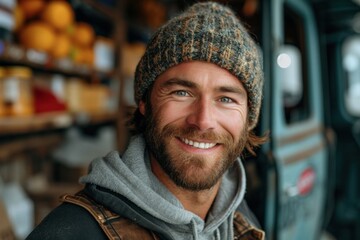 A cheerful, attractive trucker in a workshop, wearing a beanie and hoodie, exuding confidence outdoors. - obrazy, fototapety, plakaty