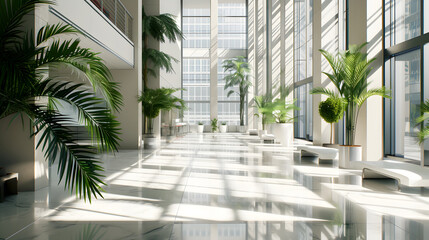 Fototapeta na wymiar Modern light hall with a lot of windows and flower pots. Business hall interior