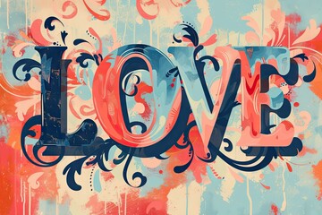 Fun typography design of the word "LOVE" on a colorful background 