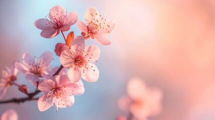 A delicate cherry blossom branch against a soft pastel sky - obrazy, fototapety, plakaty