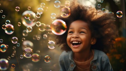 Black afro american girl on grass laughing while bubbles fly around her, afro boy on a city street full of soap bubbles, colorful background with rainbow soap balloon