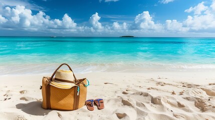 A panoramic view of a beach bag, towel, and flip-flops set against a backdrop of white sand and turquoise water at Anguilla Island. This scene embodies the concept of vacation