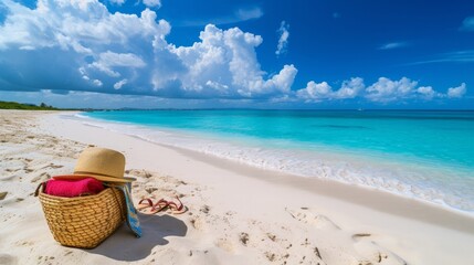 A panoramic view of a beach bag, towel, and flip-flops set against a backdrop of white sand and turquoise water at Anguilla Island. This scene embodies the concept of vacation - obrazy, fototapety, plakaty