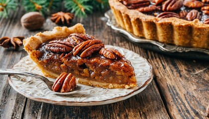 piece of delicious freshly baked homemade pecan pie on wooden rustic background close up popular holiday meal for thanksgiving and christmas