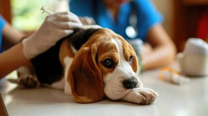 Photo of a beagle puppy being examined and vaccinated by a veterinarian at a veterinary clinic - obrazy, fototapety, plakaty