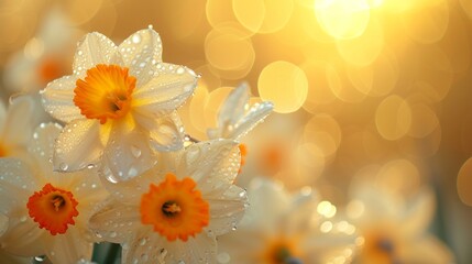 A close-up of dew-kissed daffodils, illuminated by the warm