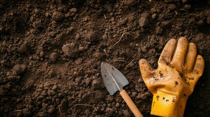 A pair of garden gloves and a trowel laid on freshly turned soil - obrazy, fototapety, plakaty