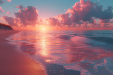 A coastal sunset casting a warm and comforting glow on a peaceful beach, where the sky transitions from shades of orange to pink. Concept of serenity in coastal hues. Generative Ai. - obrazy, fototapety, plakaty