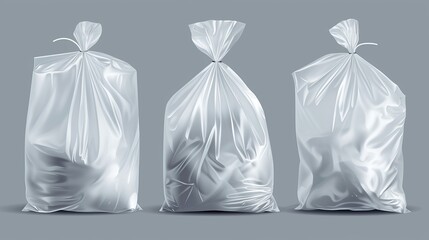 A realistic set of plastic bags for garbage. It includes packages for trash and rubbish with handles, full trash bags, and rolls of disposable packets - obrazy, fototapety, plakaty
