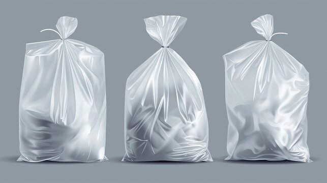 A realistic set of plastic bags for garbage. It includes packages for trash and rubbish with handles, full trash bags, and rolls of disposable packets