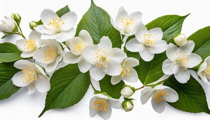 jasmine flower beautiful spring flowers and leaves set png isolated with transparent background...