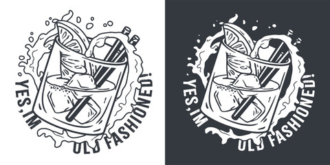 Monochrome old fashioned cocktail with ice, cherry and splash for design of bar menu. American alcohol cocktail with whisky and bourbon for drink party. Tee print