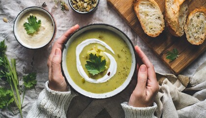 autumn winter home dinner flat lay of fall warming celery cream soup grilled bread and female hands over linen tablecloth top view wide composition comfort food healthy and slow food concept