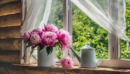 white window with mosquito net in a rustic wooden house overlooking the garden bouquet of pink peonies in watering can on the windowsill - Powered by Adobe