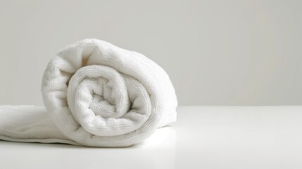 Fototapeta na wymiar A rolled-up white beach towel against a white background