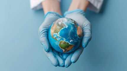 Protective Medical Gloves Holding a World Globe for International Health Awareness