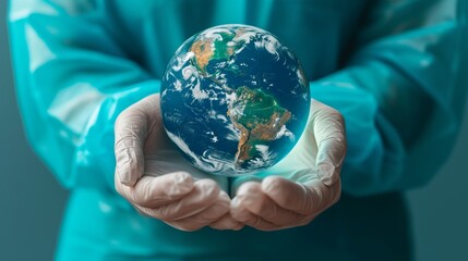 Frontline Healthcare Worker Presenting Earth, Highlighting Global Health and Safety
