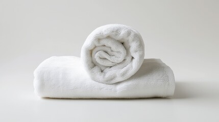 Obraz na płótnie Canvas A rolled-up white beach towel against a white background