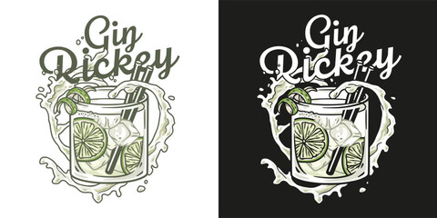 Gin rickey cocktail vector with mint and lime for cocktail bar or drink summer party. Mojito with rum, bourbon for beach bar and cafe menu