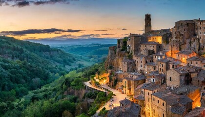 panoramic of sorano in the evening sunset with old tradition buildings and illumination tuscany italy - obrazy, fototapety, plakaty