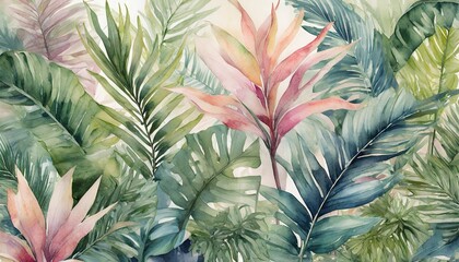 lush tropical plants and graceful palm trees background photo wallpaper pattern soothing palette of delicate pastel hues painted in watercolour illustration - obrazy, fototapety, plakaty