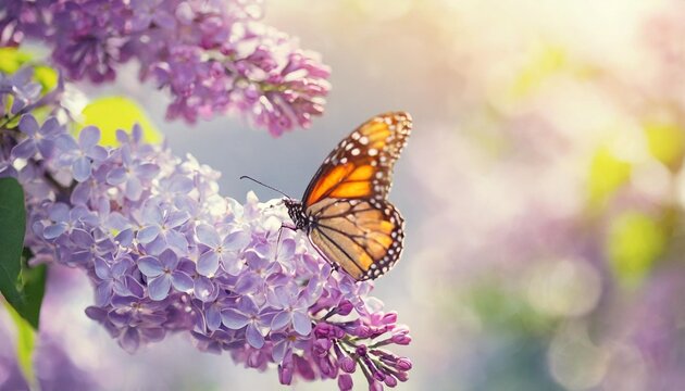 beautiful spring purple lilac flowers blossom branch background with butterfly in sun light macro soft focus nature background delicate pastel toned image nature closeup floral springtime