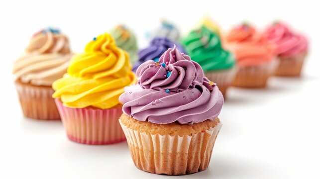 A row of colorful cupcakes isolated on a white background