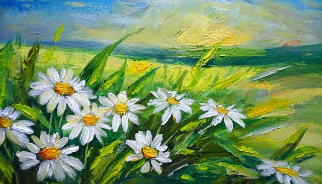 oil painting abstract illustration of flowers daisies greens