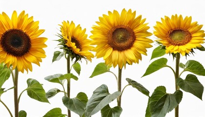 five various sunflower flowers on stems at various angles on white background