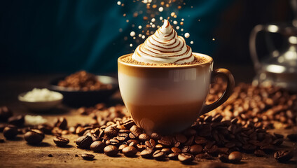 Beautiful cup of coffee, latte art, grains
