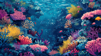 Fototapeta na wymiar Dive into a vibrant underwater world with this seamless coral texture. Bursting with life, colorful and intricate sea creatures bring this marine scene to life. Explore the beauty of the oce