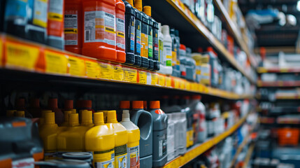 Assorted automotive lubricants and brake fluids displayed on retail store shelves, focus on car maintenance and repair products - obrazy, fototapety, plakaty