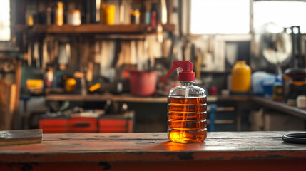 Brake fluid bottle with spray nozzle on a well-used garage workbench, backlit with natural light, amidst various automotive tools and equipment.