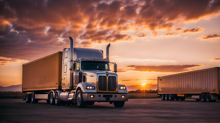 Truck on the road at sunset. Transportation and logistics concept.