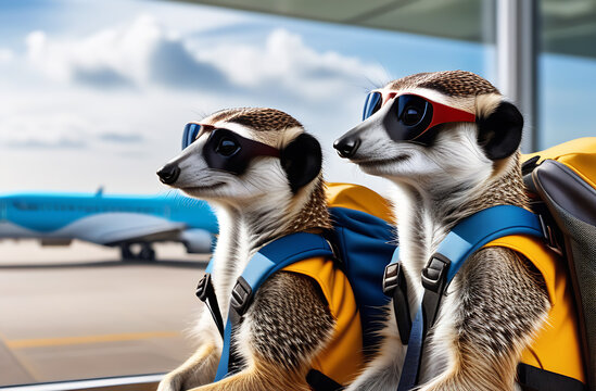 Meerkats tourists are waiting for the plane at the airport. vacation concept