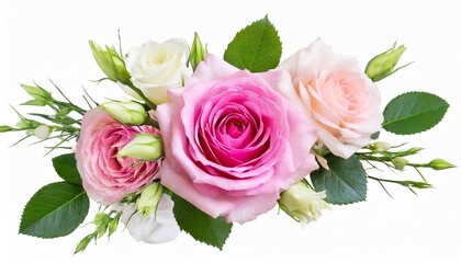 pink rose and eustoma flowers in a corner floral arrangement isolated on white or transparent background