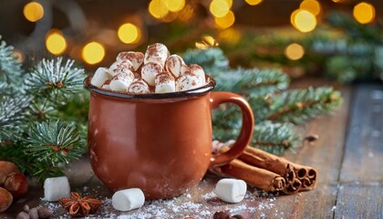 Obraz na płótnie Canvas mug full of hot chocolate cocoa with marshmallows on christmas