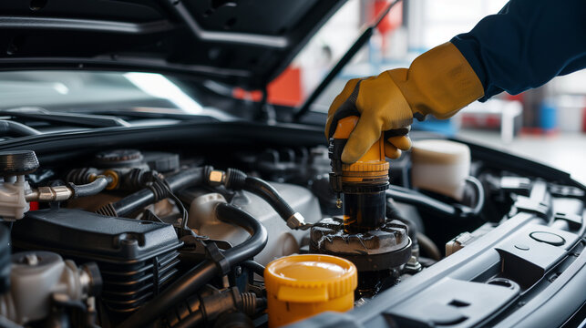 Professional mechanic in gloves checking brake fluid level, car maintenance and safety inspection, modern vehicle engine under hood in auto repair shop