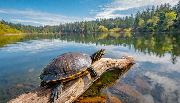 issaquah washington usa western painted turtle sunning on a log in lake sammamish state park