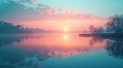 Fototapeta premium A soft-focus image of a pastel sunrise over a calm lake